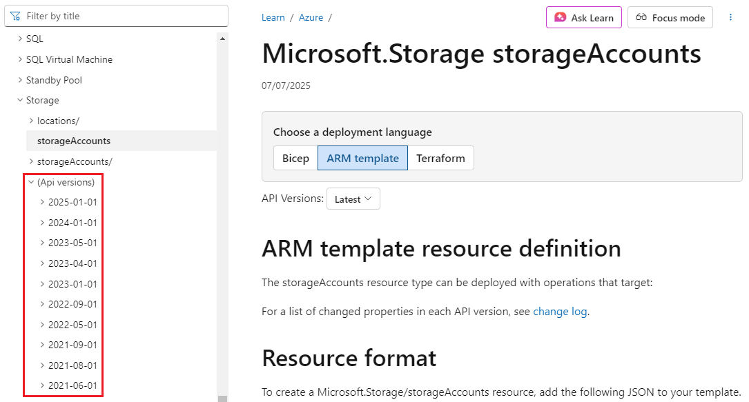 Screenshot of a Microsoft documentation page showing the storage account documentation selected.