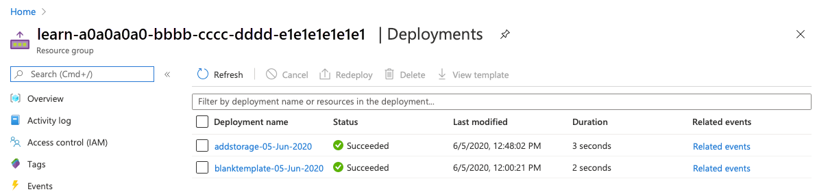 Screenshot of the Azure portal interface for the deployments with the two deployments listed and succeeded statuses.