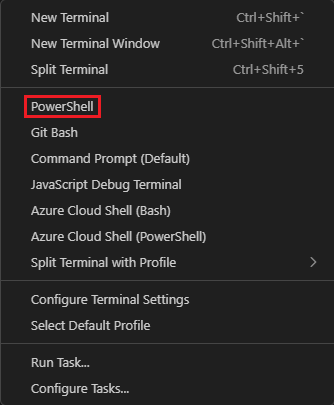 Screenshot of the Visual Studio Code terminal window showing the select shell drop-down.