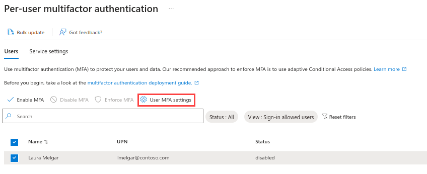 Screenshot that shows the Microsoft Entra multifactor authentication users window and the manage user settings link.