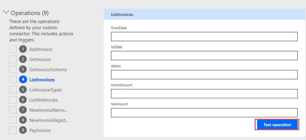 Screenshot of an arrow pointing to the Test operation button.
