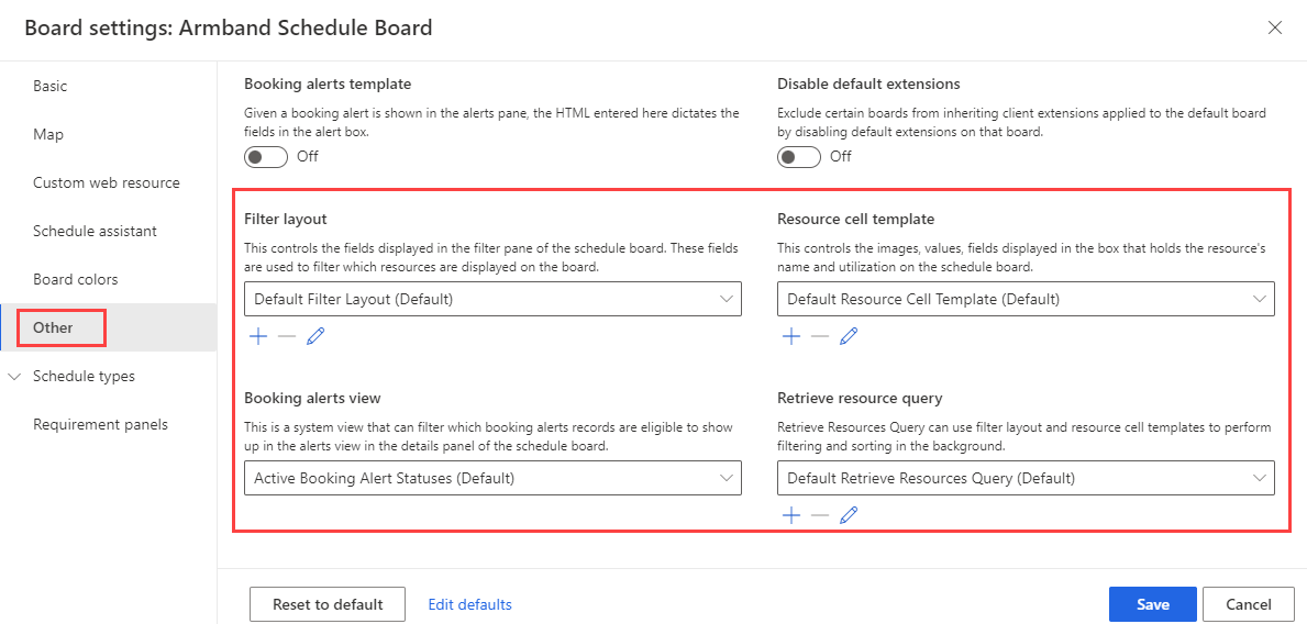 Screenshot of the Other area in schedule board settings.