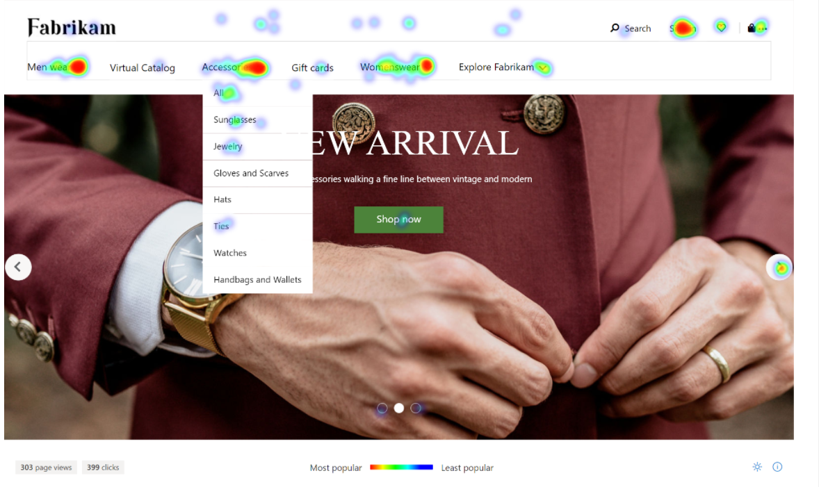 Screenshot of a web page in eCommerce in the heatmap view.