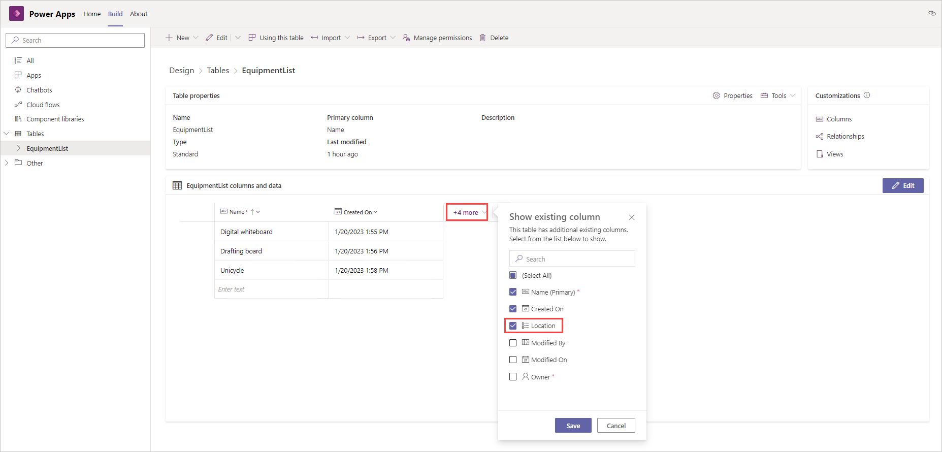 Screenshot of the additional columns dropdown with location selected.