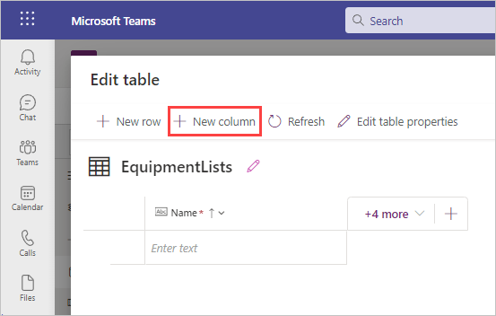 Screenshot of the Equipment list edit table screen with + New column highlighted.