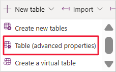 Screenshot showing the option to create a new table.