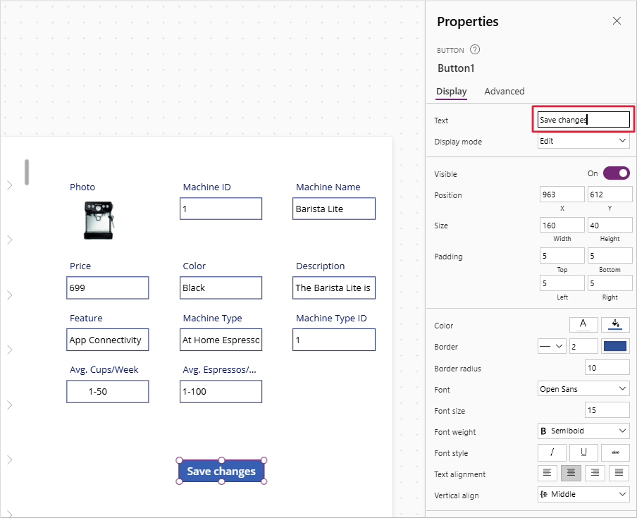 Screenshot of button property panel with focus on the Text property and value changed to Save changes.