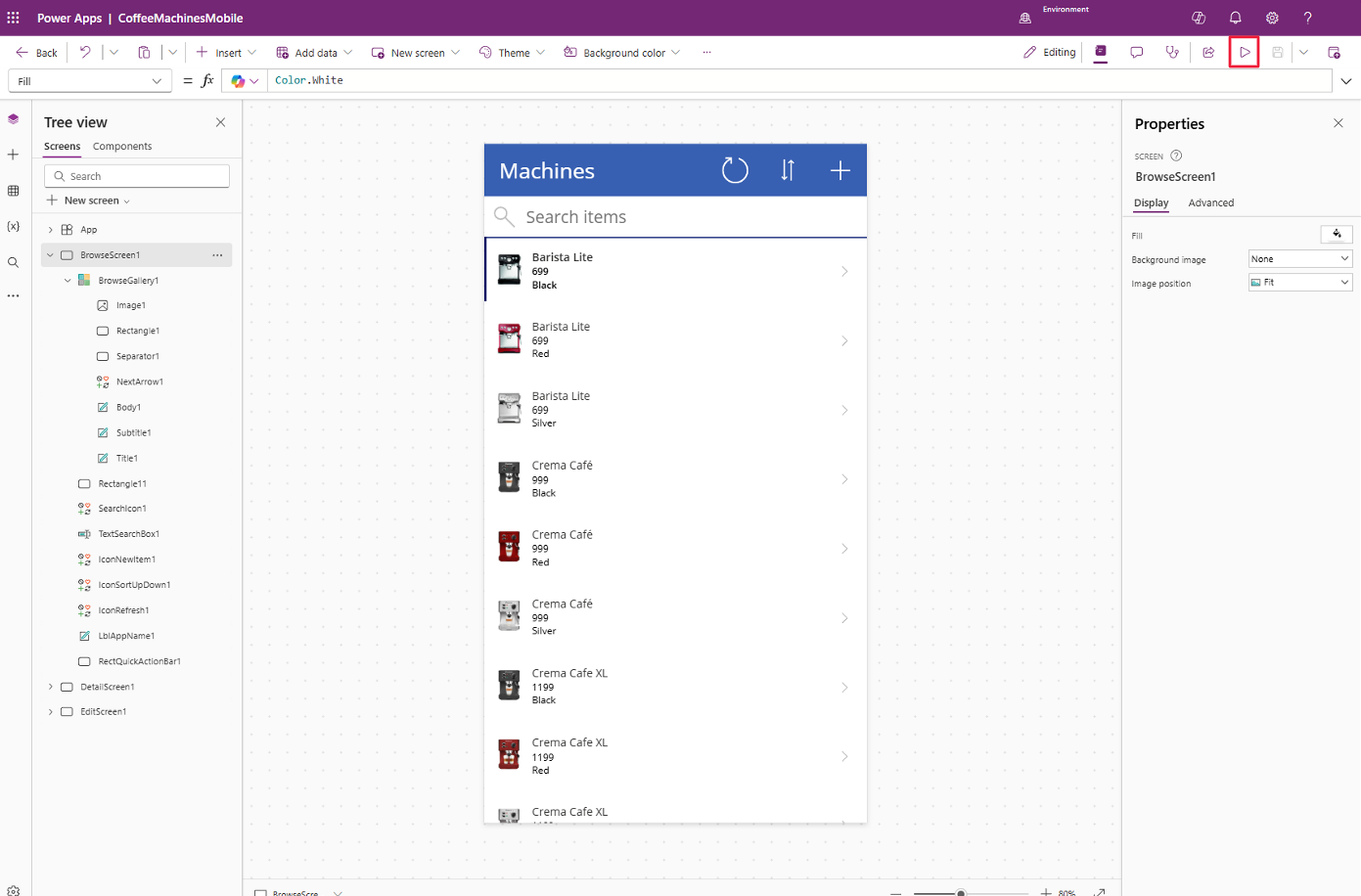 Screenshot of the CoffeeMachines app produced by Power Apps. The play button is highlighted.