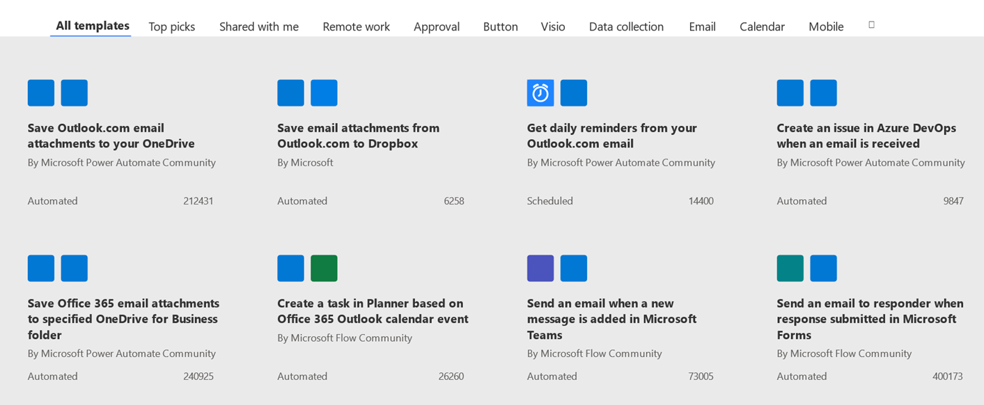 Screenshot of list of Outlook flows.