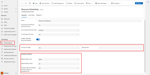 Resource Scheduling with Connect to Maps selected.