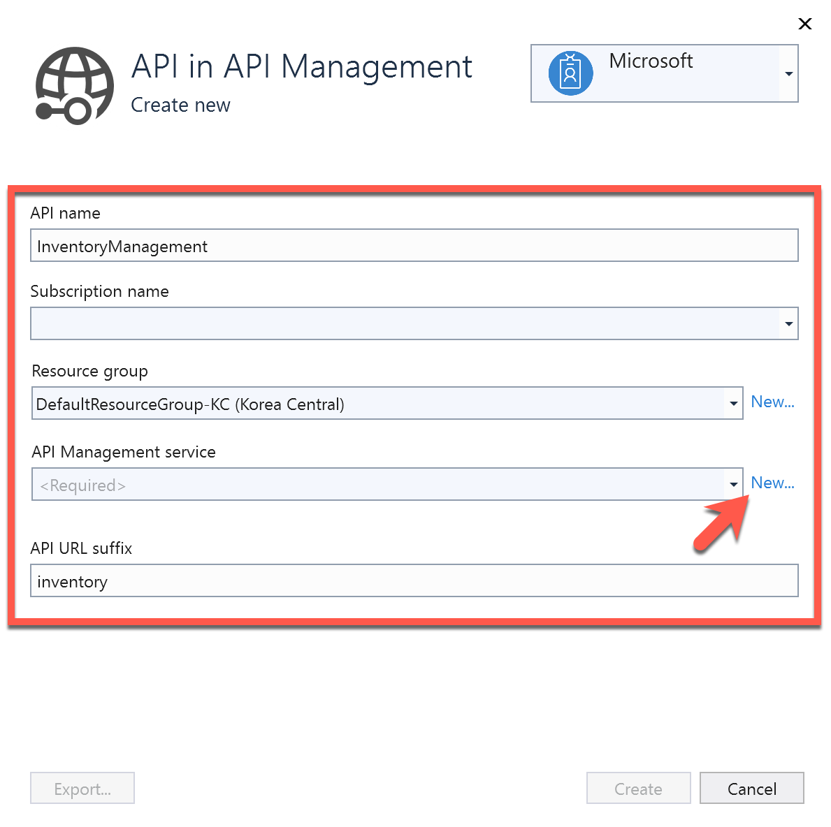 Create New API in API Management.