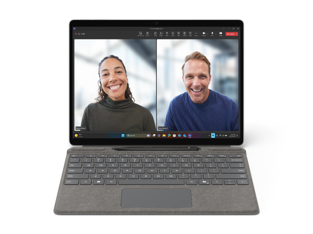 Photo of Surface Pro in platinum front facing, highlighting Teams call.