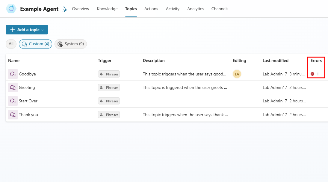 Screenshot of topics with errors. Errors can impact your agent's ability to perform. They should be resolved as soon as possible.