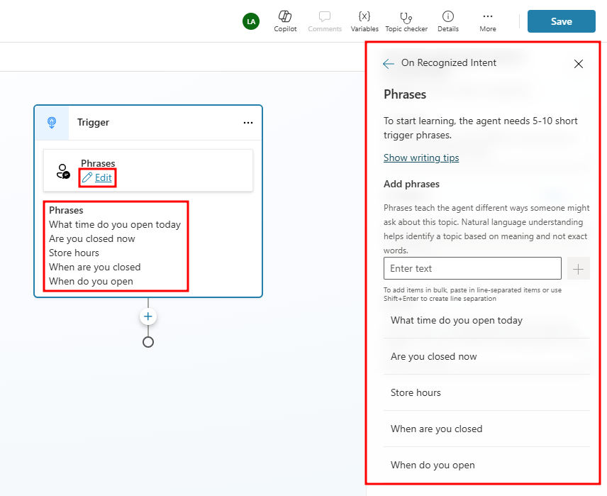 Screenshot of the Trigger phrases pane showing the Add phrases box where you enter text.
