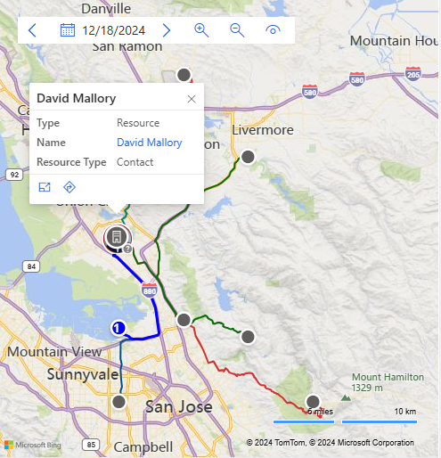 Screenshot of the map showing items can be searches, icons for Unscheduled item, routes for resources as items are added, and traffic details.