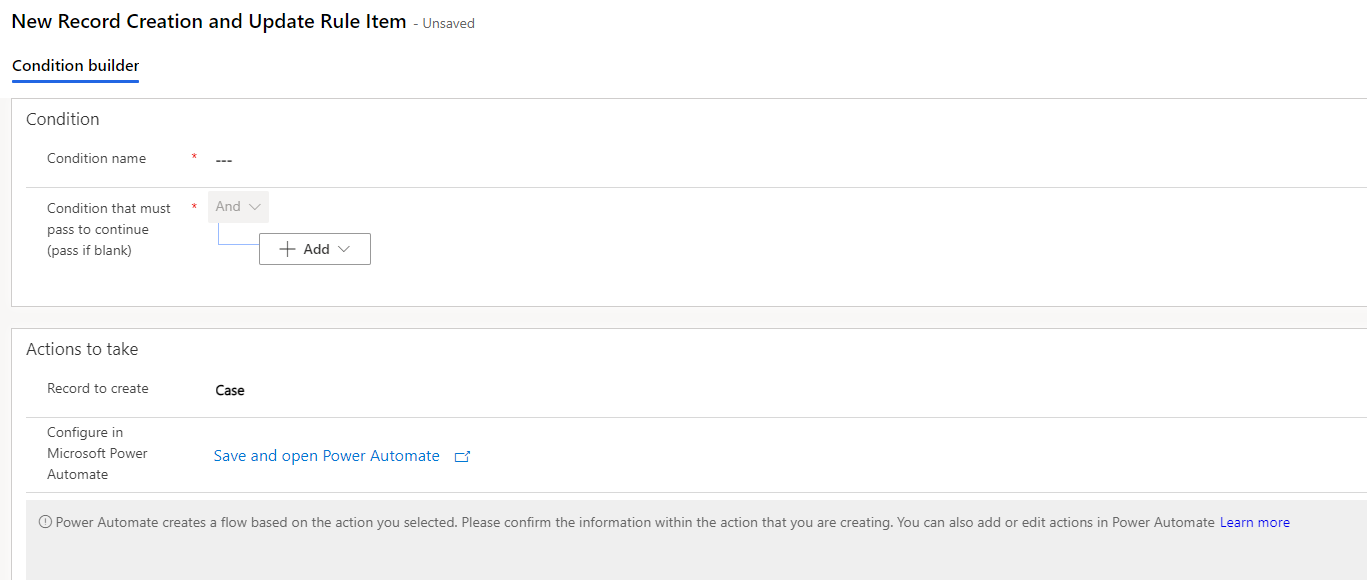 Screenshot of a Condition builder with condition and action specified.
