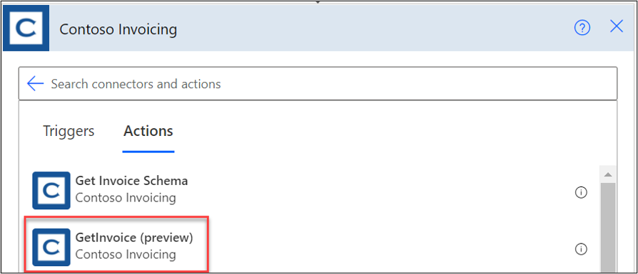 Screenshot of Actions showing GetInvoice (preview).
