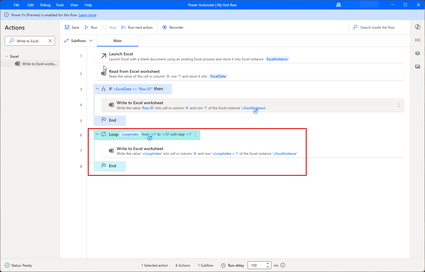 Screenshot of the actions workspace with the Loop added.