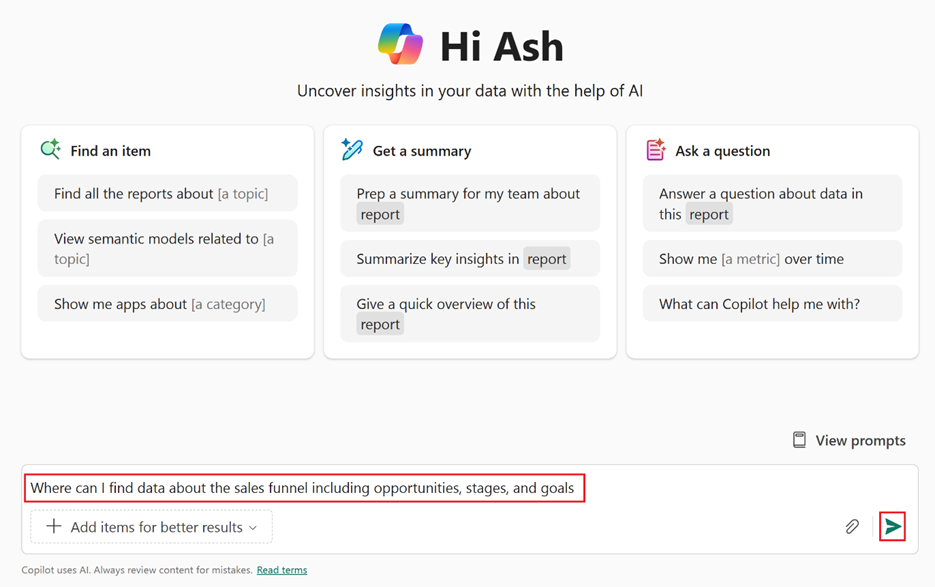 Screenshot of the immersive Copilot chat in Power BI service.