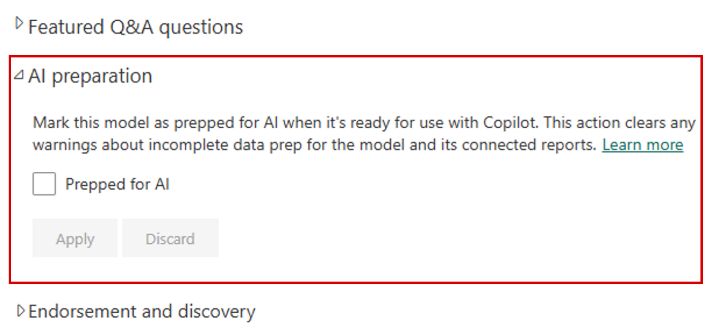 Screenshot of AI preparation setting in semantic model properties.
