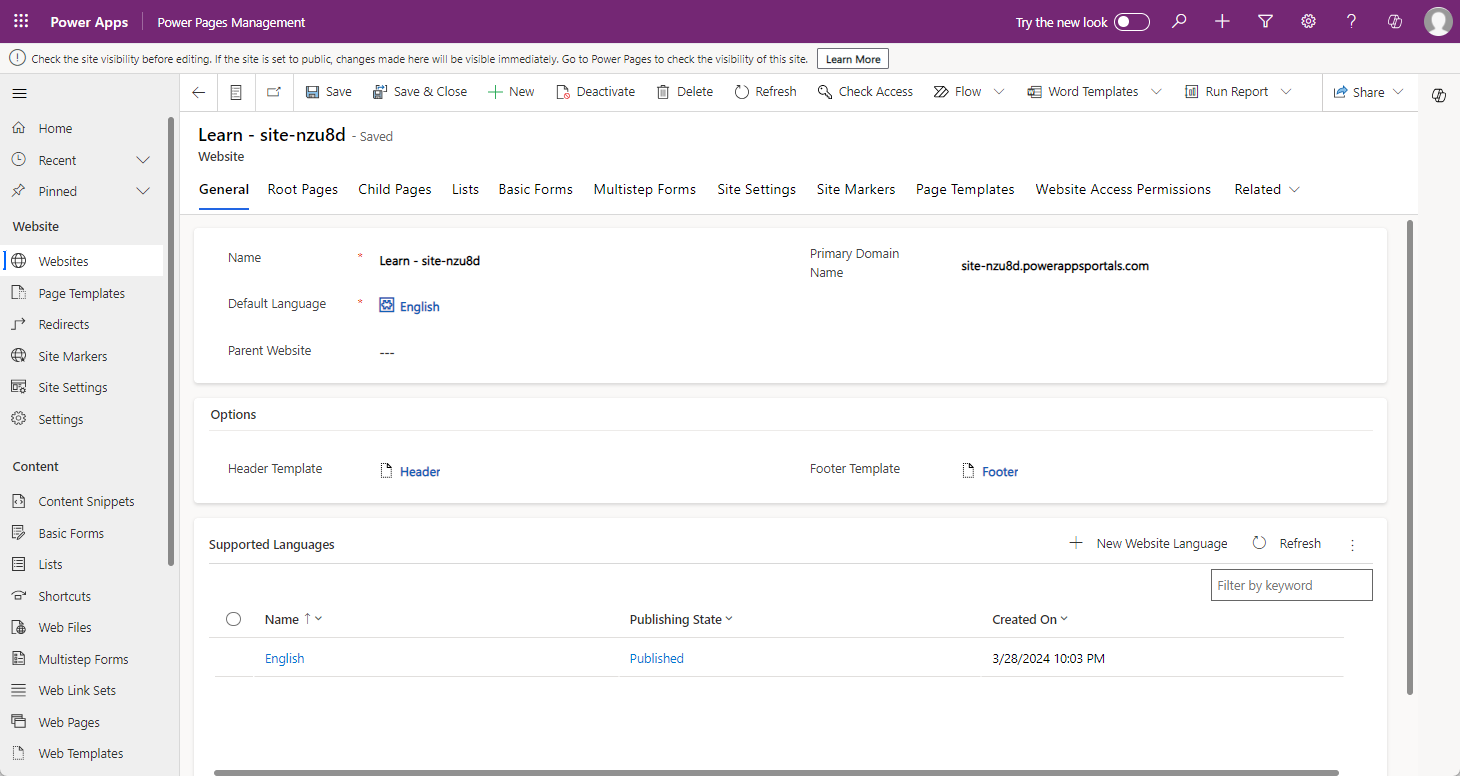 Screenshot of Power Pages home screen with the list of available websites. One of the websites has an ellipsis menu expanded and Portal management menu item selected.