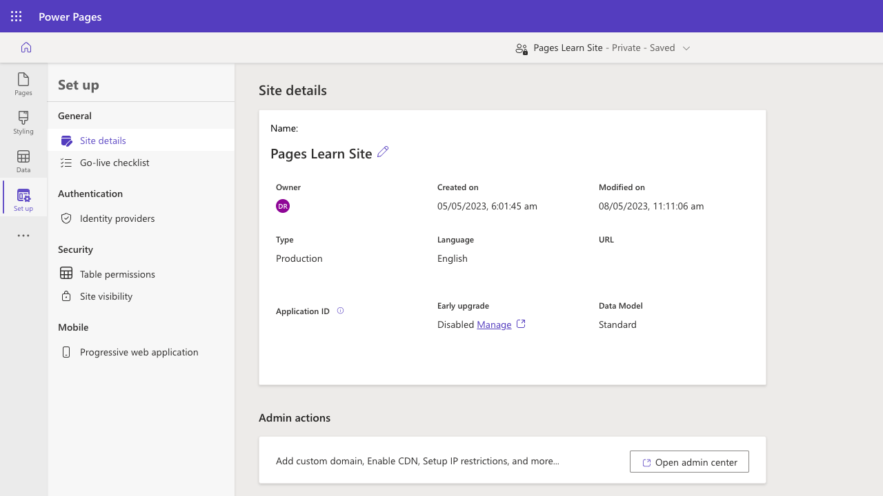 Screenshot of Power Pages home screen with the list of available websites. One of the websites has an ellipsis menu expanded and Details menu item selected.