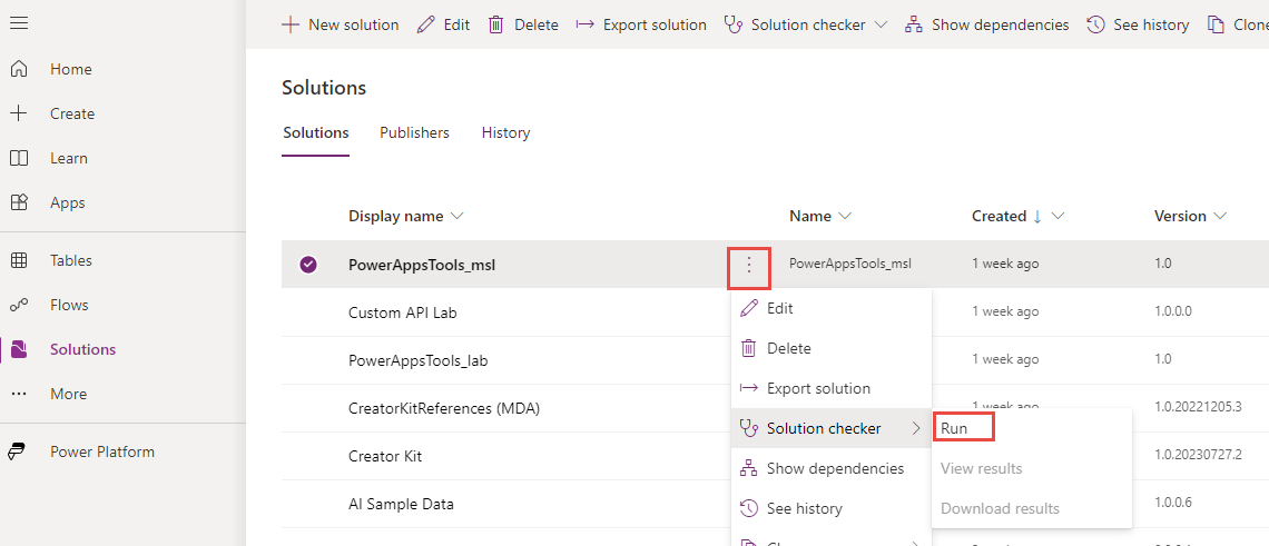 Screenshot showing running solution checker on demand from the maker portal.
