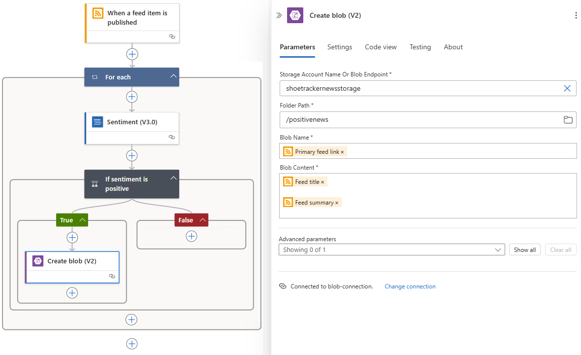 Screenshot shows Create blob action with RSS trigger outputs.