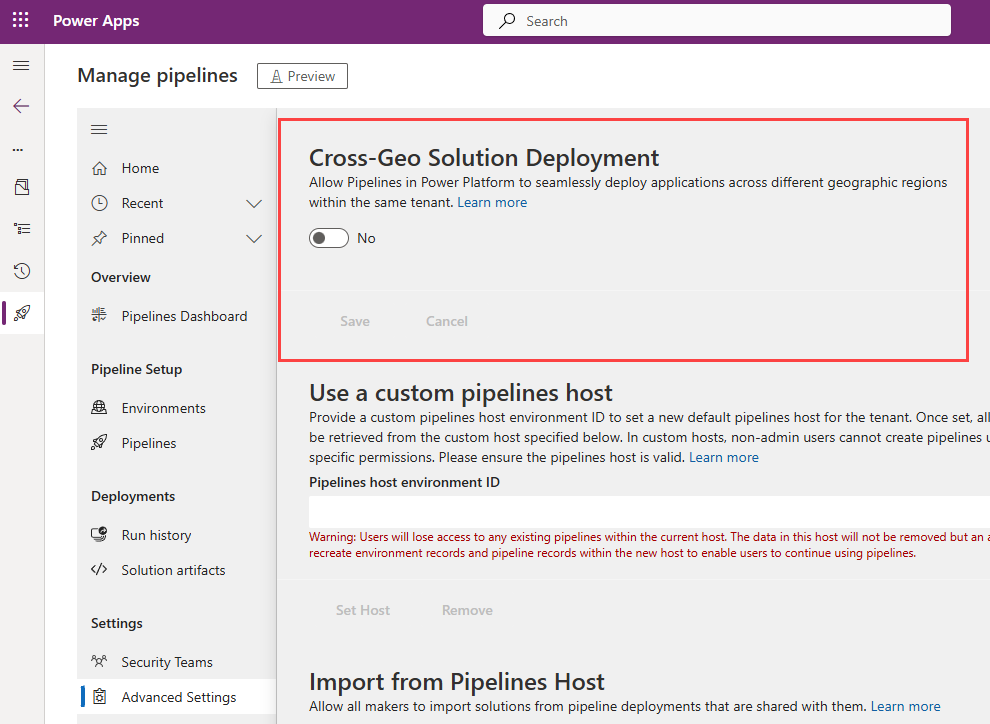 Screenshot of turning on the Cross Geo Solution Deployment option.