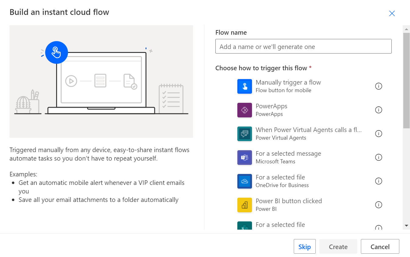 Screenshot showing instant cloud flow triggers such as Flow button for mobile, Power Apps, Microsoft Copilot Studio, For a selected file in SharePoint, and For a selected item in Dataverse.
