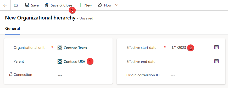 Screenshot of the New Organizational hierarchy area with the Parent and Effective start date fields filled in.