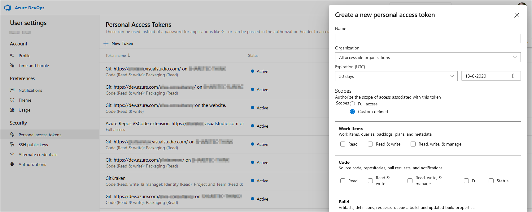 Screenshot of the create a new personal access token page.