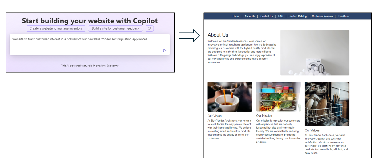 Diagram of Copilot and an About Us page that it created.