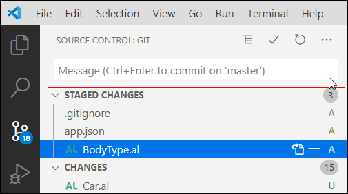 Screenshot of the add a commit message area in the SCM pane.