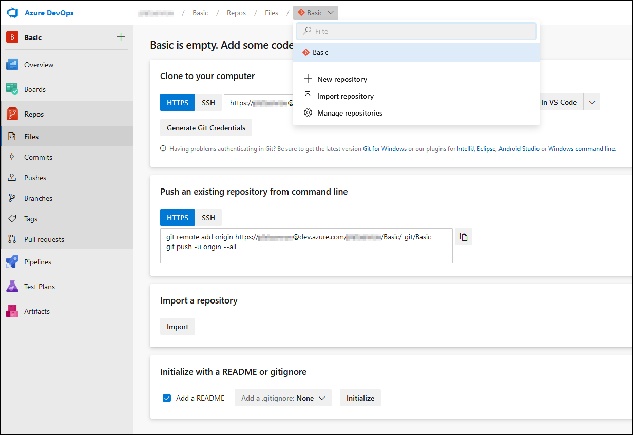 Screenshot of the + New repository in Azure DevOps.