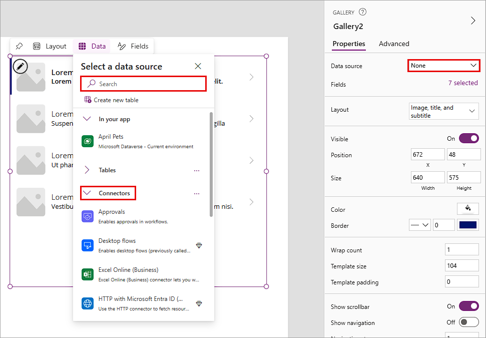 Screenshot of adding a data source to a gallery.