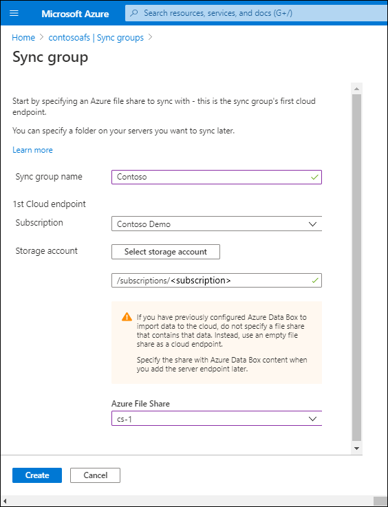A screenshot of the Sync group page in the Azure portal. The Sync group name is ContosoSyncGrp1, and both the Storage account and Azure File Share values are configured.