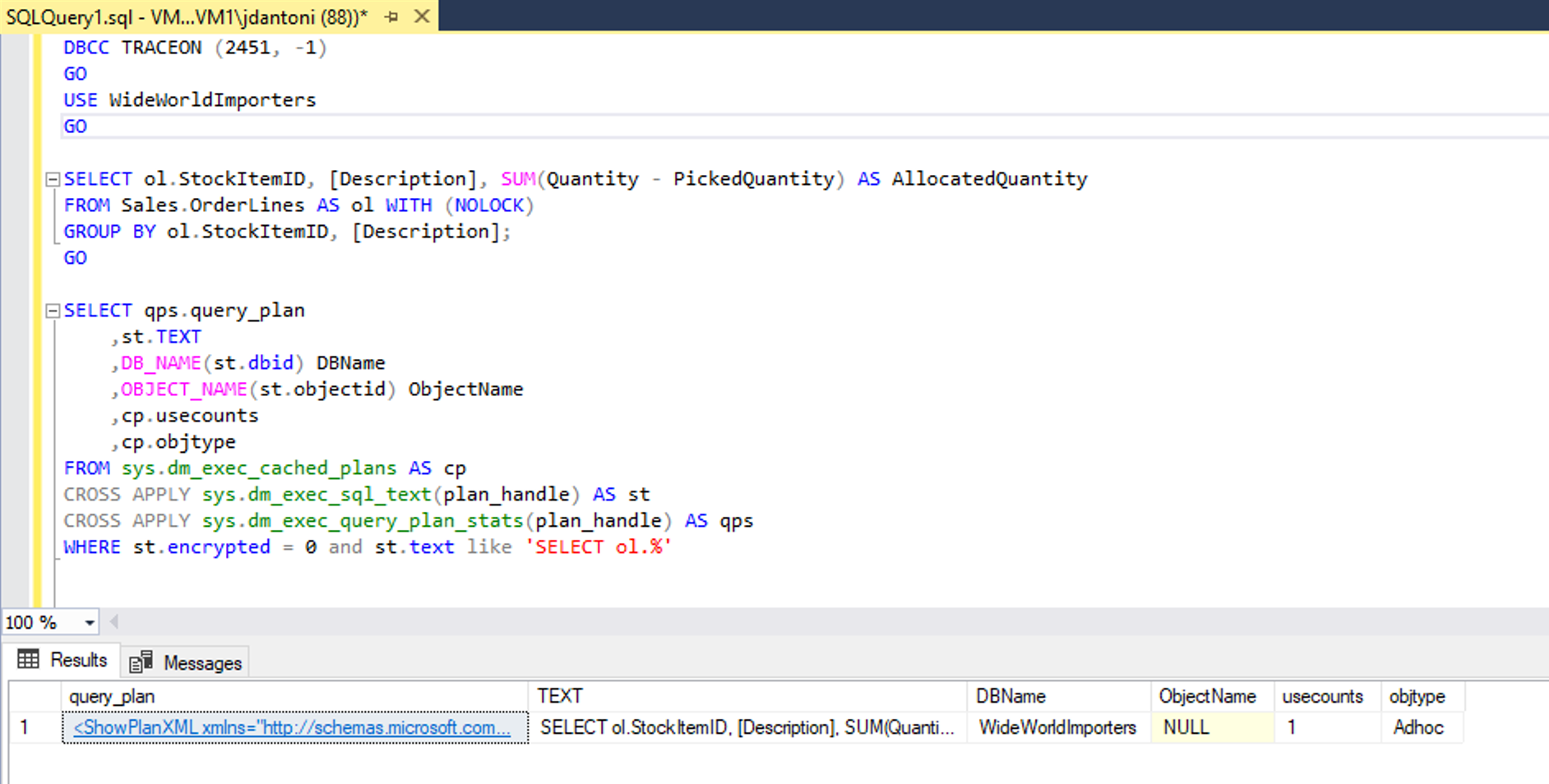 Screenshot of retrieving the actual execution plan for a query.