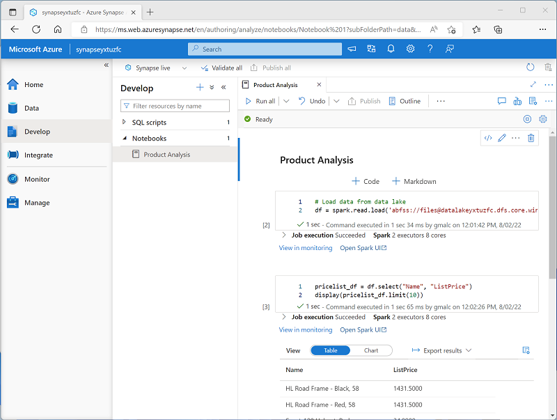 Screenshot of a Spark notebook in Azure Synapse Studio.