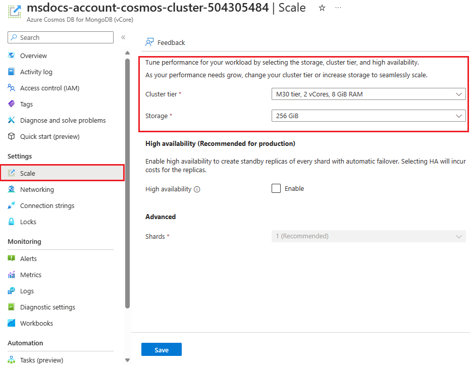 Screenshot of the cluster's scaling settings.