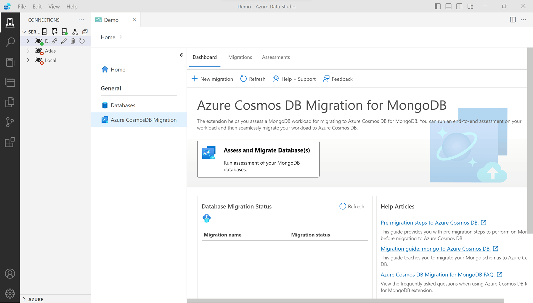 Screenshot of how to start an assessment of a MongoDB server in Azure Data Studio.