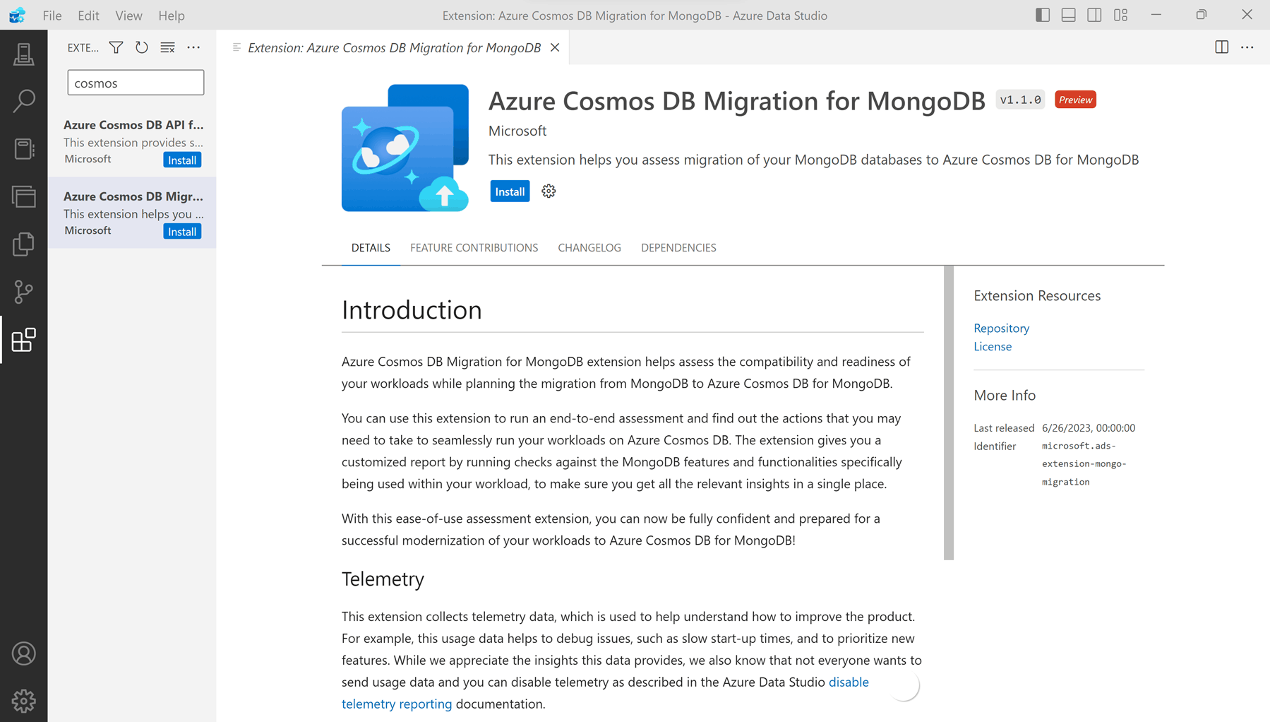 Screenshot of how to add the MongoDB migration extension to Azure Data Studio.