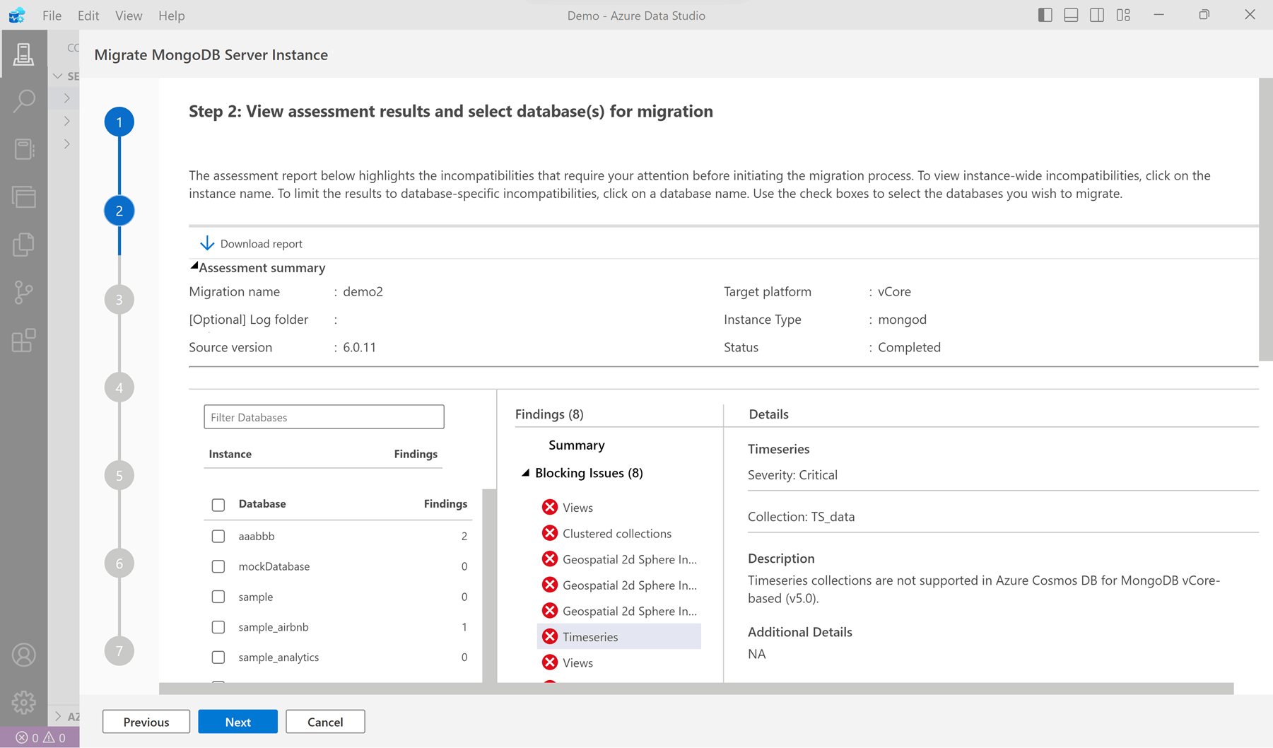 Screenshot of the assessment results of a MongoDB server in Azure Data Studio.