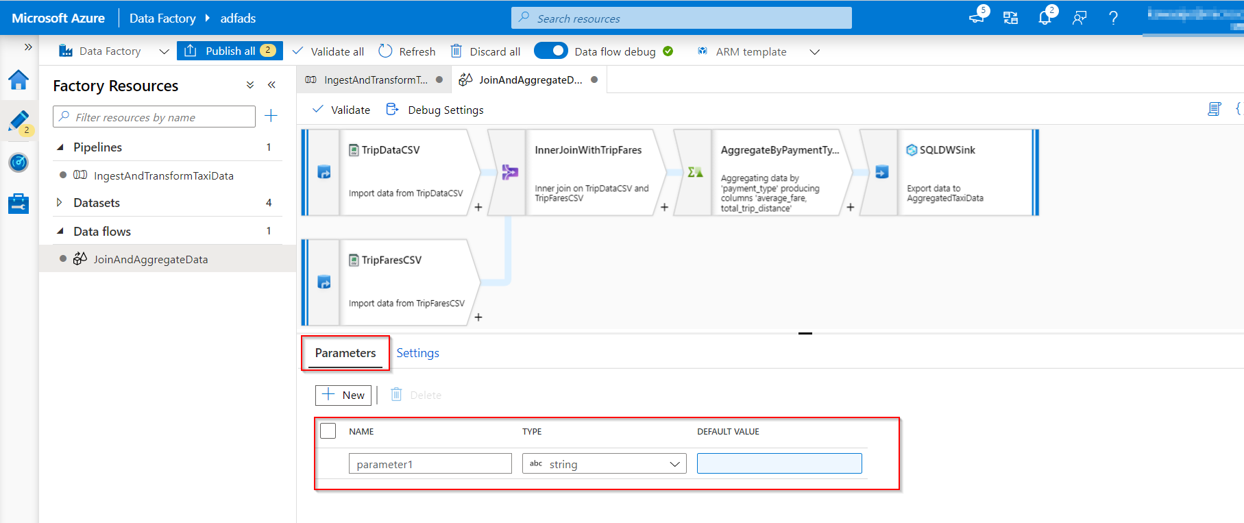 Global Parameters in Dataflow in Azure Data Factory Settings