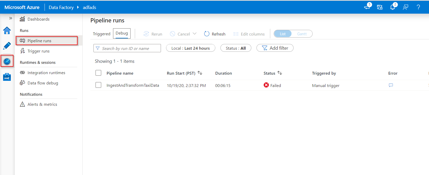 Monitoring debug run Azure Data Factory