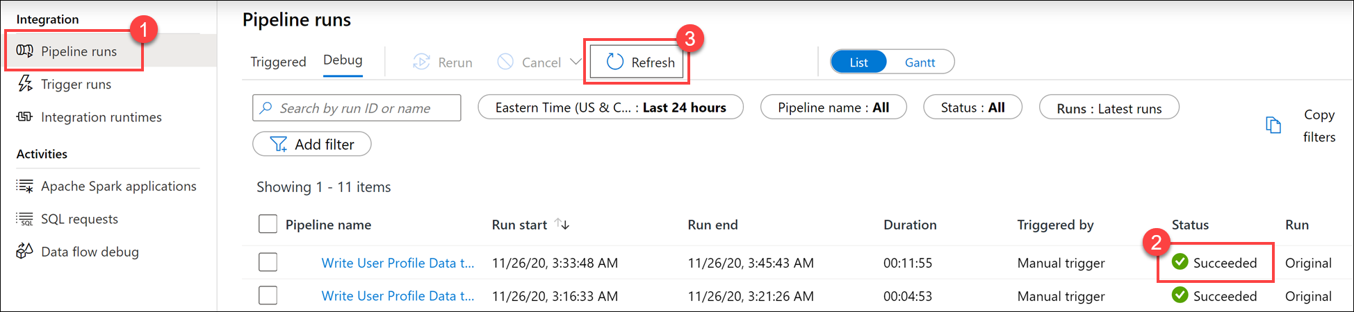 Pipeline runs The pipeline run succeeded.