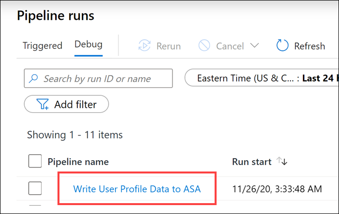 Pipeline runs The pipeline name is selected.