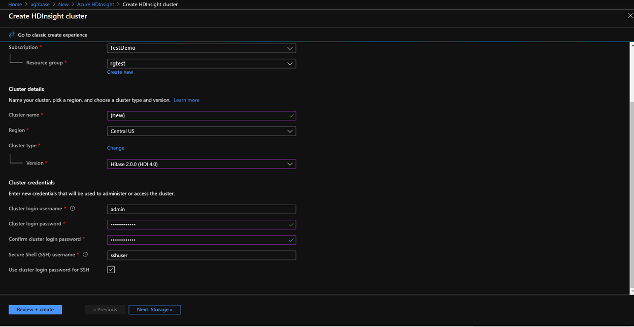 Create an Azure HDInsight in the Azure Portal.