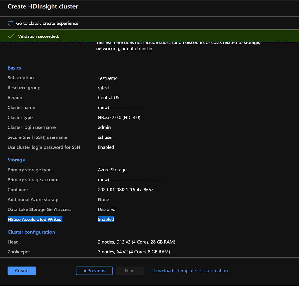 Create HDInsight cluster validation screen.