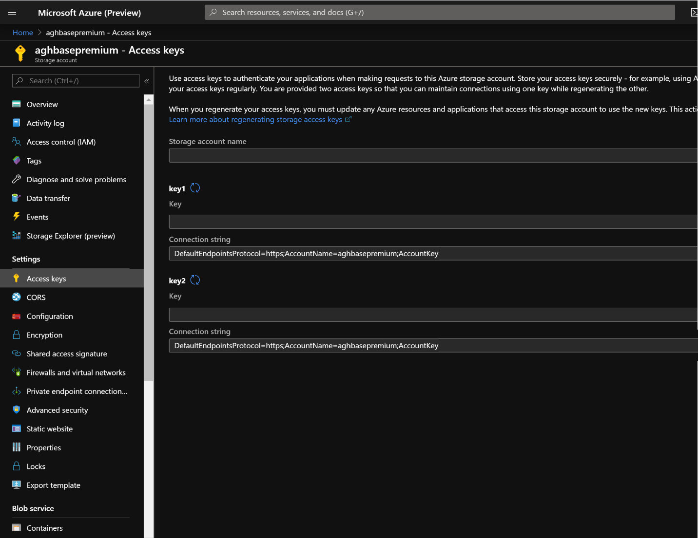 Storage account Access keys screen in the Azure Portal.
